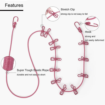Portable Clothesline Clip – Elastic, Windproof Eco-friendly Cloth Hanging Rope For Travel Home Use | After Stretching It Become