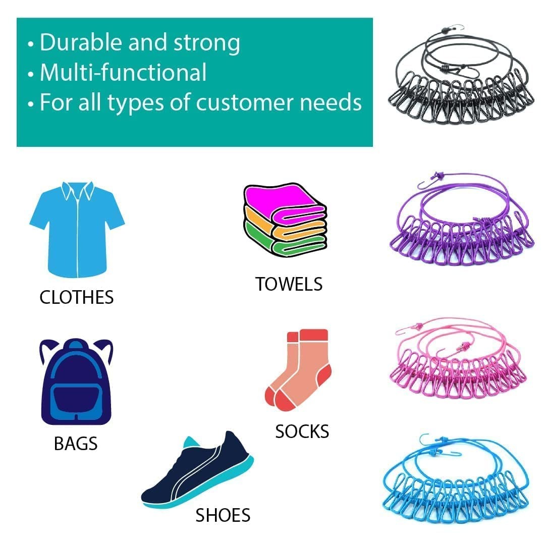 Portable Clothesline Clip – Elastic, Windproof Eco-friendly Cloth Hanging Rope For Travel Home Use | After Stretching It Become