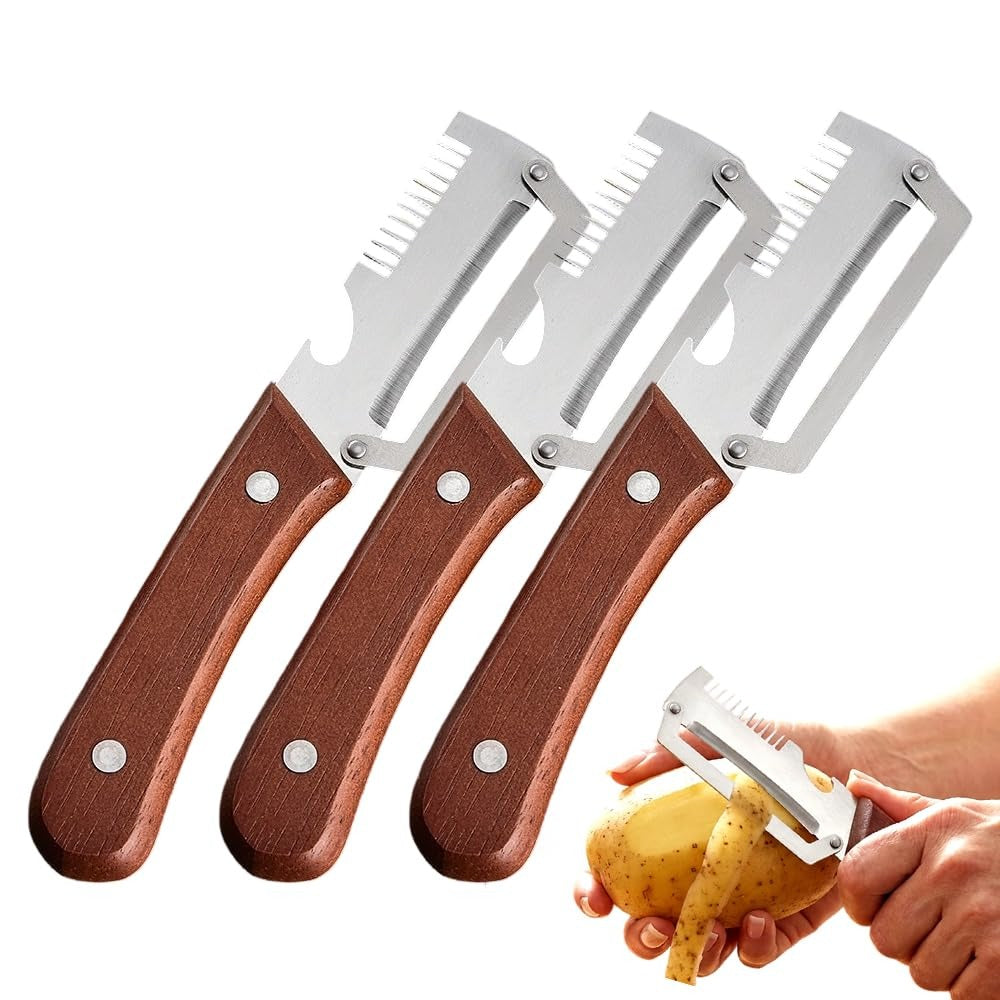 2026 Upgrade 3-in-1 veggie peeler with wooden handle, stainless steel wide blade, scallion shredder, and bottle opener for kitchen use