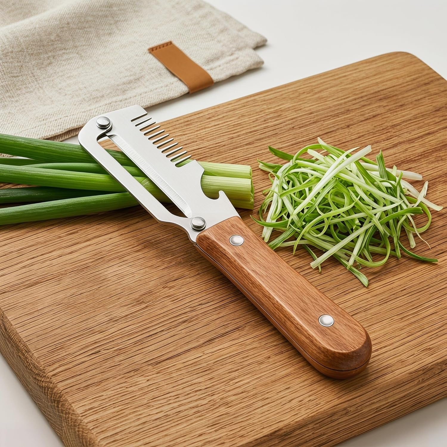 Link Lift Shop 2026 3-in-1 veg peeler with wood handle, stainless steel wide blade, scallion shredder, and bottle opener for kitchen.