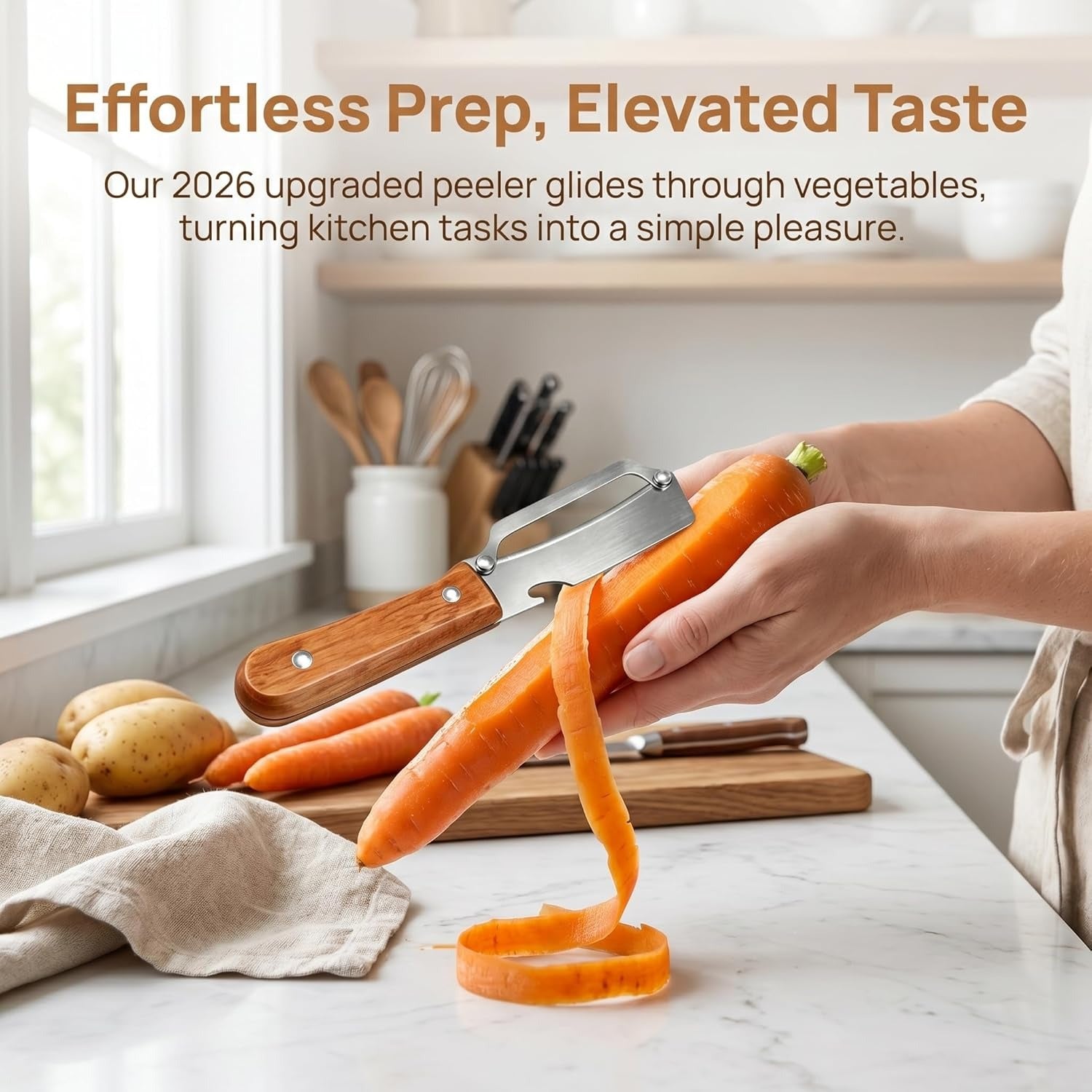 Link Lift Shop 3-in-1 veg peeler with wood handle, stainless steel wide blade, scallion shredder, and bottle opener for kitchen and travel
