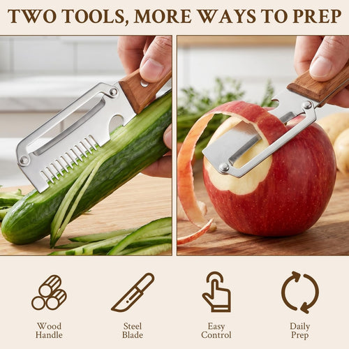 Link Lift Shop 3-in-1 vegetable peeler with wood handle, stainless steel wide blade, scallion shredder, and bottle opener for kitchen use