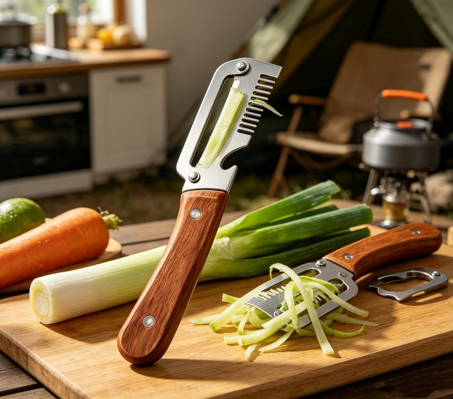 Link Lift Shop 2026 Upgrade 3-in-1 veggie peeler with wood handle, stainless steel wide blade, scallion shredder, and bottle opener.