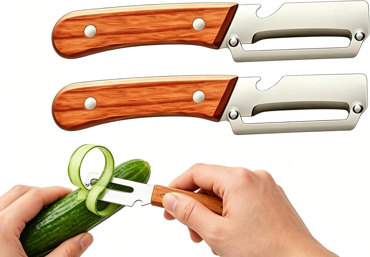 Link Lift Shop 2026 3-in-1 vegetable peeler with wood handle, stainless steel wide blade, scallion shredder, and bottle opener